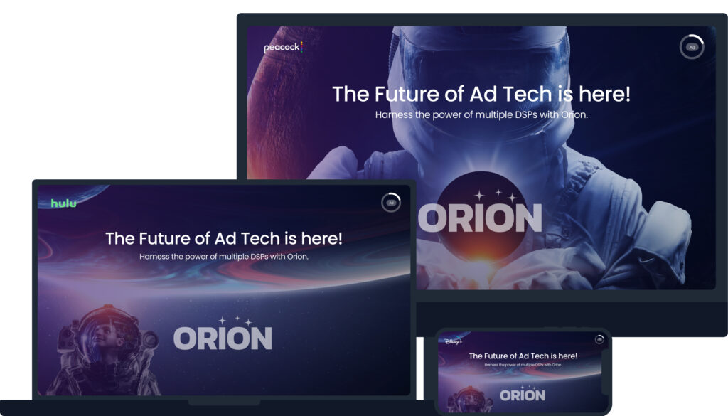 A graphic illustration of an example of OLV advertising. The for the example ad reads "the future of ad tech is here!" with the ORION logo at the bottom.