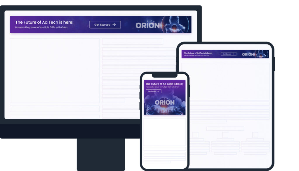 A graphic of programmatic display ads shown on a desktop, tablet, and smartphone. The text is an advertisement for ORION.