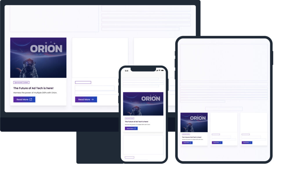 An illustration of a desktop, phone, and tablet mockup showing a programmatic native display ad for ORION. 